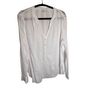Vince Women’s White Sheer Striped Blouse 12 | Long Sleeve Cotton Classic Minimal
